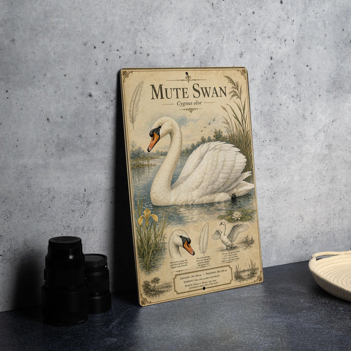 a vintage-style illustration of a swan, with accompanying text and illustrations, displayed on a wall.