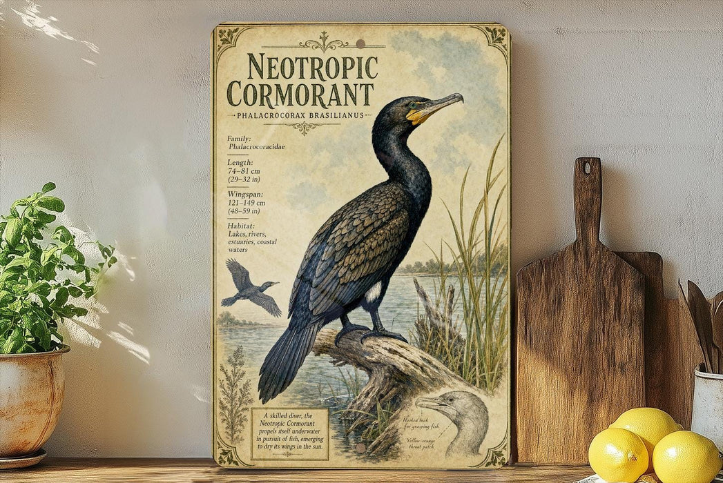 a poster of a cormorant bird, which is a type of wading bird, displayed on a shelf next to a wooden cutting board and some lemons.