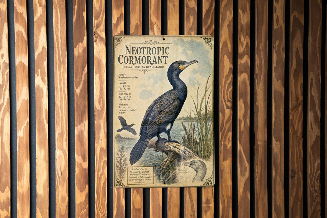 a vintage-style illustration of a black bird, possibly a cormorant, perched on a branch with a bird in flight in the background. The bird is depicted in a detailed and realistic manner, showcasing the natural beauty of the species.