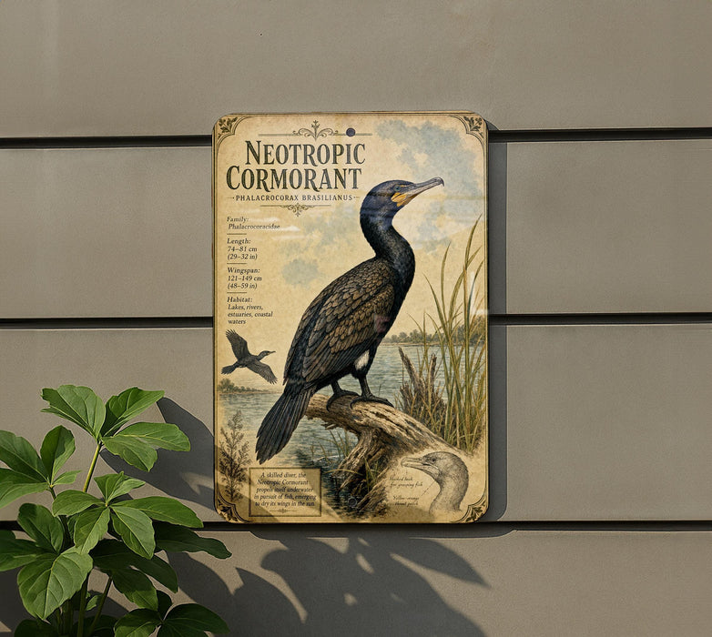 a metal plaque with an illustration of a black and brown bird, likely a cormorant, perched on a branch. The plaque is mounted on a wall, and there is a plant to the left of the plaque.