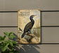 a metal plaque with an illustration of a black and brown bird, likely a cormorant, perched on a branch. The plaque is mounted on a wall, and there is a plant to the left of the plaque.