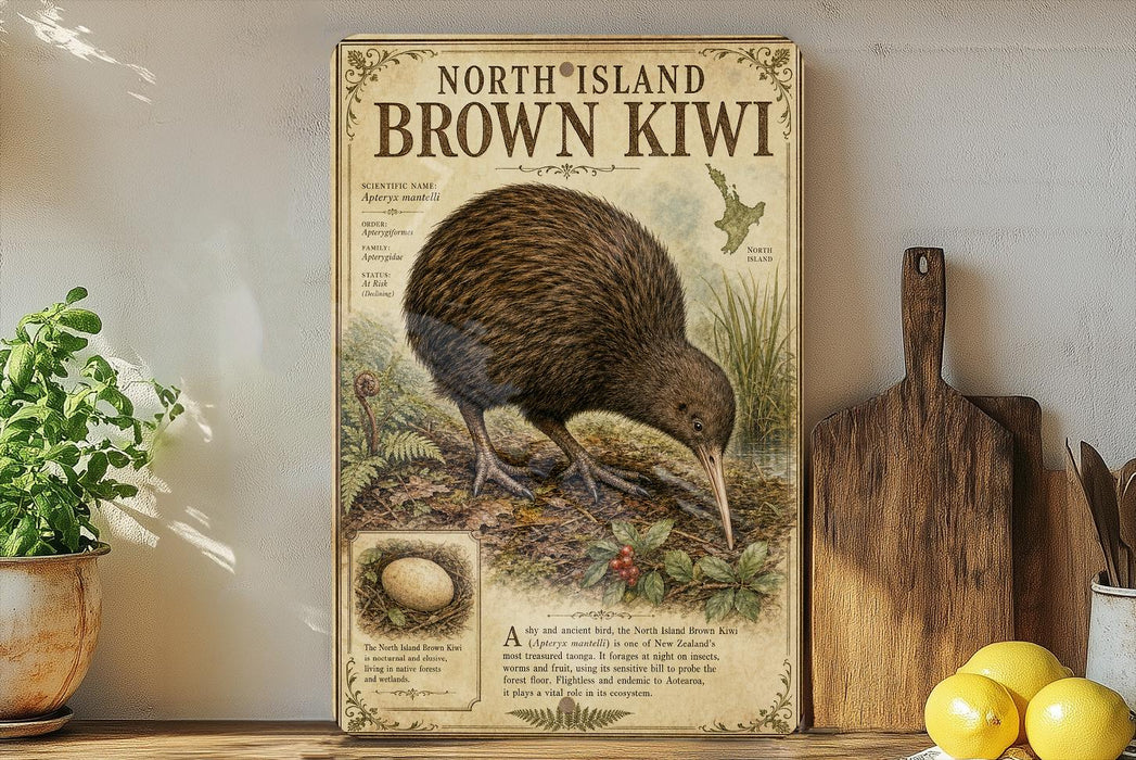 a vintage-style poster of a brown kiwi bird, with a detailed illustration of the bird and its natural habitat. The poster is displayed on a shelf next to a wooden cutting board and a potted plant.