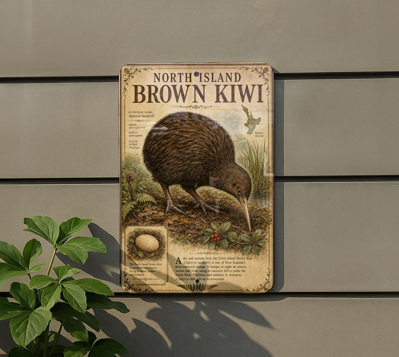 a metal sign with an illustration of a brown kiwi bird, mounted on a wall.
