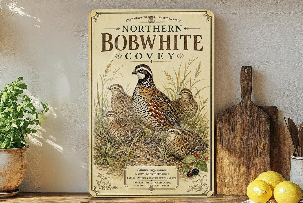 a vintage-style poster or sign for the Northern Bobwhite covey, with illustrations of the bird and its habitat.