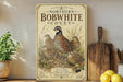 a vintage-style poster or sign for the Northern Bobwhite covey, with illustrations of the bird and its habitat.