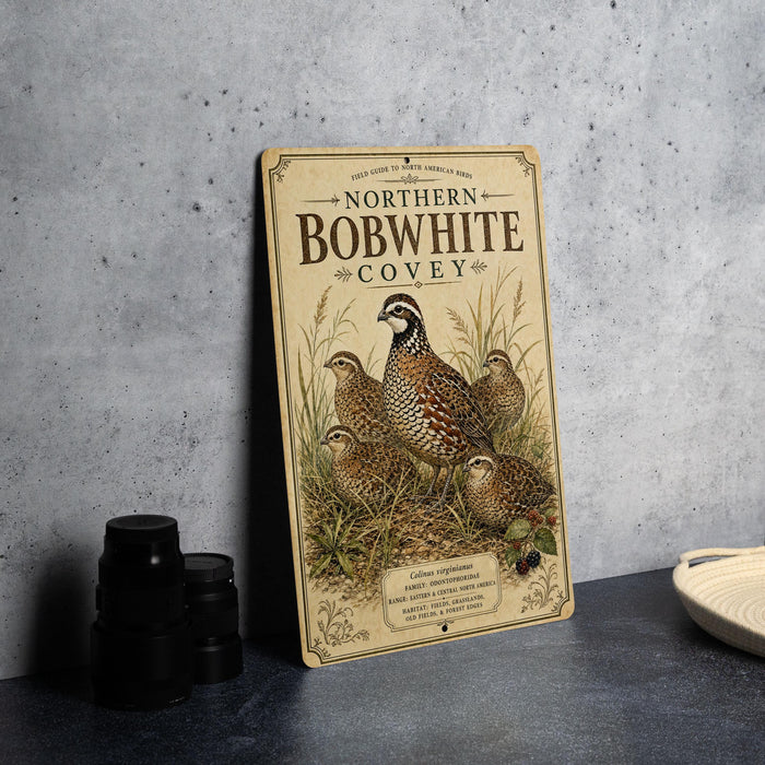 a vintage-style metal sign with illustrations of Northern Bobwhite quails, placed on a gray countertop next to some black camera lenses.