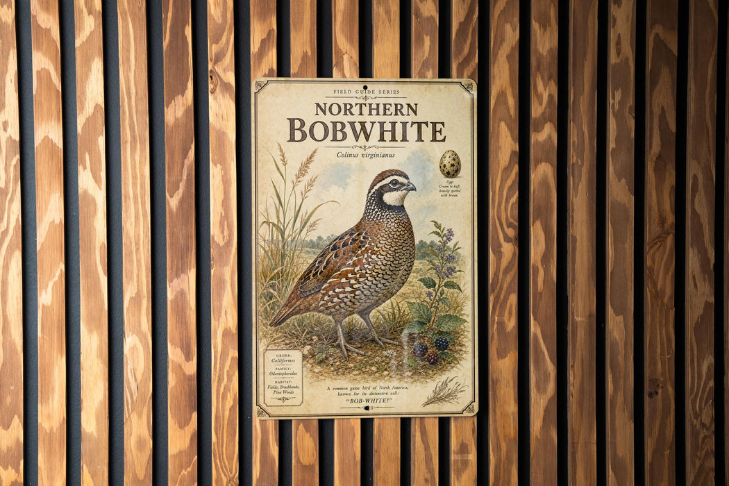 a vintage-style illustration of a Northern Bobwhite bird, which is a type of bird of prey, standing on a grassy field with some berries nearby.
