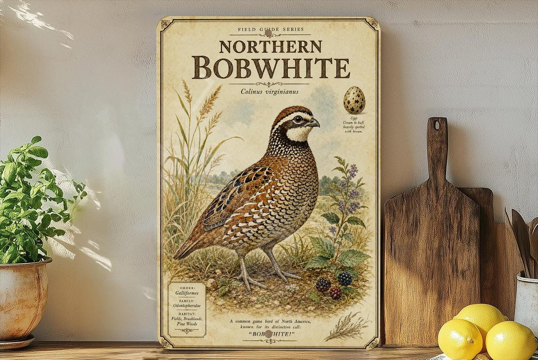 a vintage-style illustration of a Northern Bobwhite bird, surrounded by various natural elements such as grass, berries, and a wooden board.