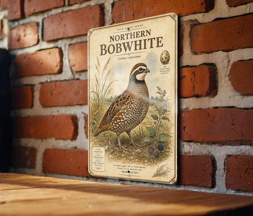 a vintage-style illustration of a Northern Bobwhite quail, with a brick wall in the background.