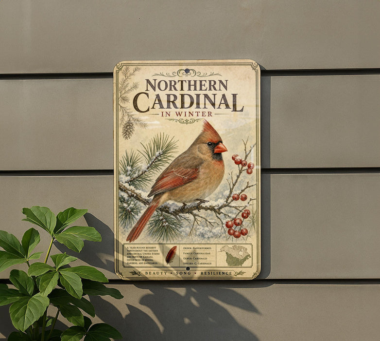 A vintage-style sign featuring a red cardinal bird perched on a branch with pine needles and berries, mounted on a gray wall.