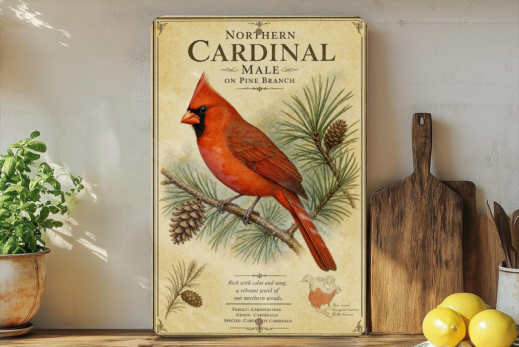 a framed illustration of a red cardinal perched on a pine branch, surrounded by pine cones and pine needles.