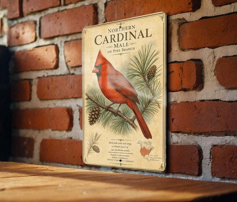 A vintage-style metal sign featuring a red cardinal perched on a pine branch, with pine cones and a map of the United States in the background.