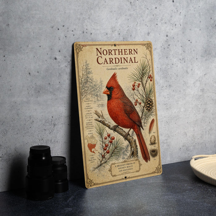 A vintage-style metal sign with a red cardinal perched on a branch, surrounded by pine cones and berries, is displayed on a gray countertop.