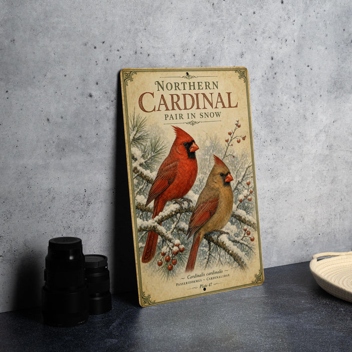 A vintage-style poster titled "Northern Cardinal" featuring two red cardinals perched on a snowy branch, with a wintry landscape in the background.