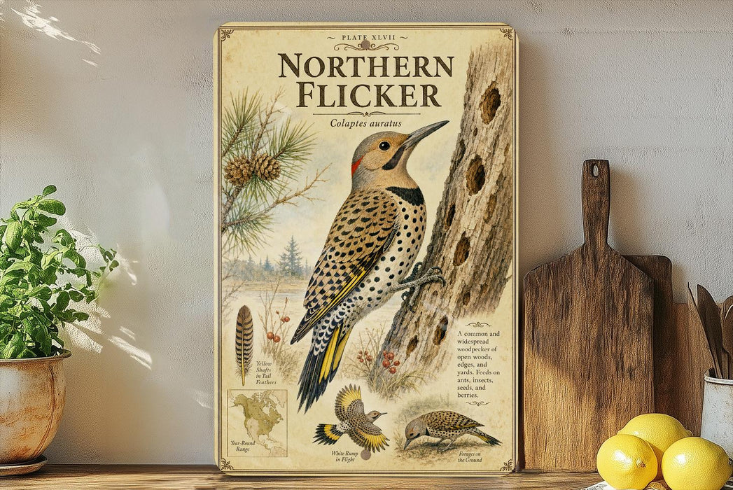 a vintage-style poster of a Northern Flicker, a type of bird, displayed on a shelf next to a wooden cutting board and some lemons.