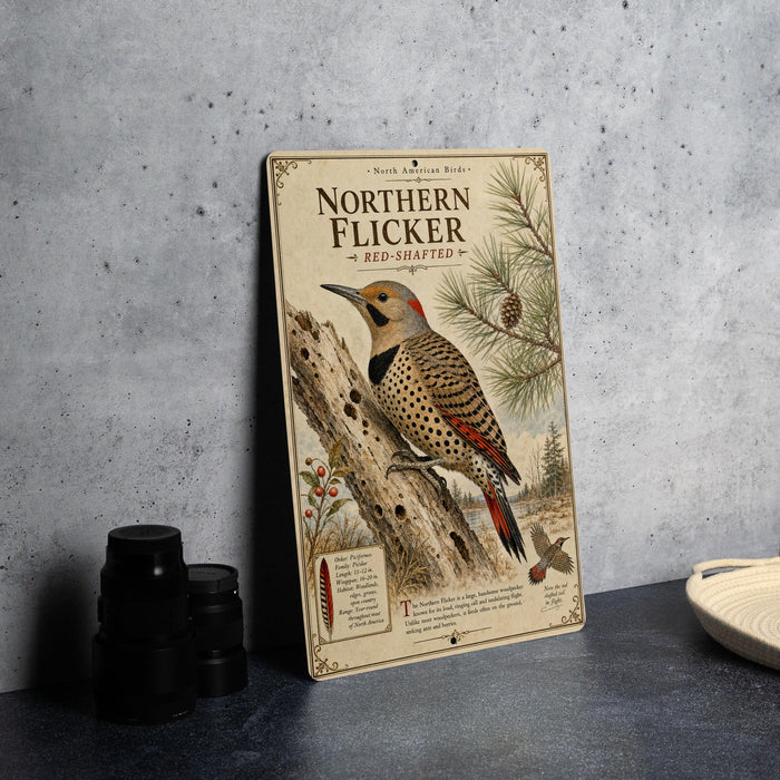 A vintage-style metal sign featuring an illustration of a red-shapped bird, likely a Northern Flicker, perched on a tree branch.