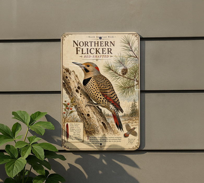 a metal sign with a detailed illustration of a Northern Flicker, a type of bird, perched on a tree branch.