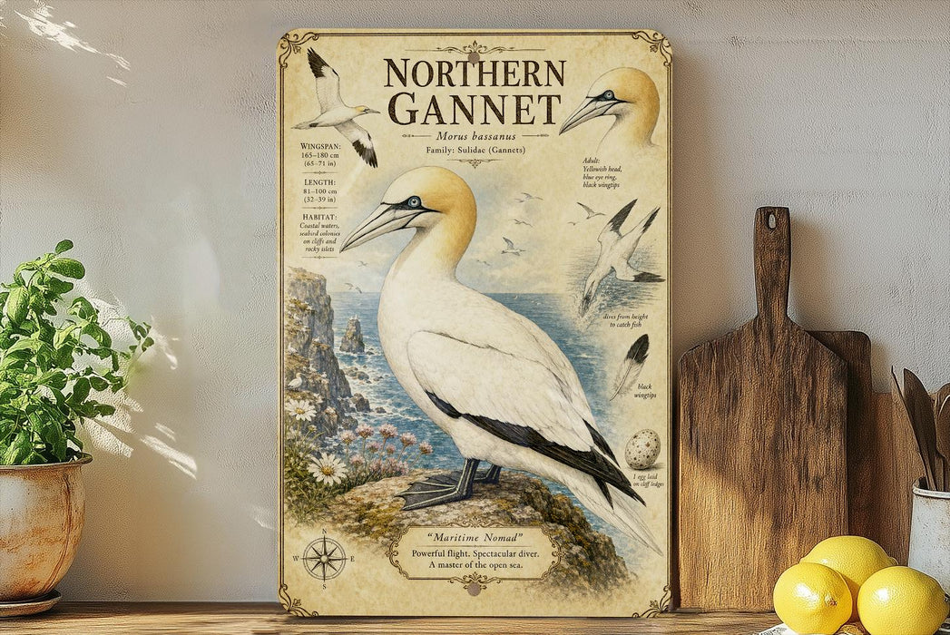 a poster of a Northern Gannet bird, which is a large seabird with a distinctive white plumage and black markings on its head and neck. The poster includes various illustrations and text that provide information about the bird, such as its size, habitat, and behavior. The poster is displayed on a shelf next to a wooden cutting board and a potted plant, creating a decorative and functional arrangement.