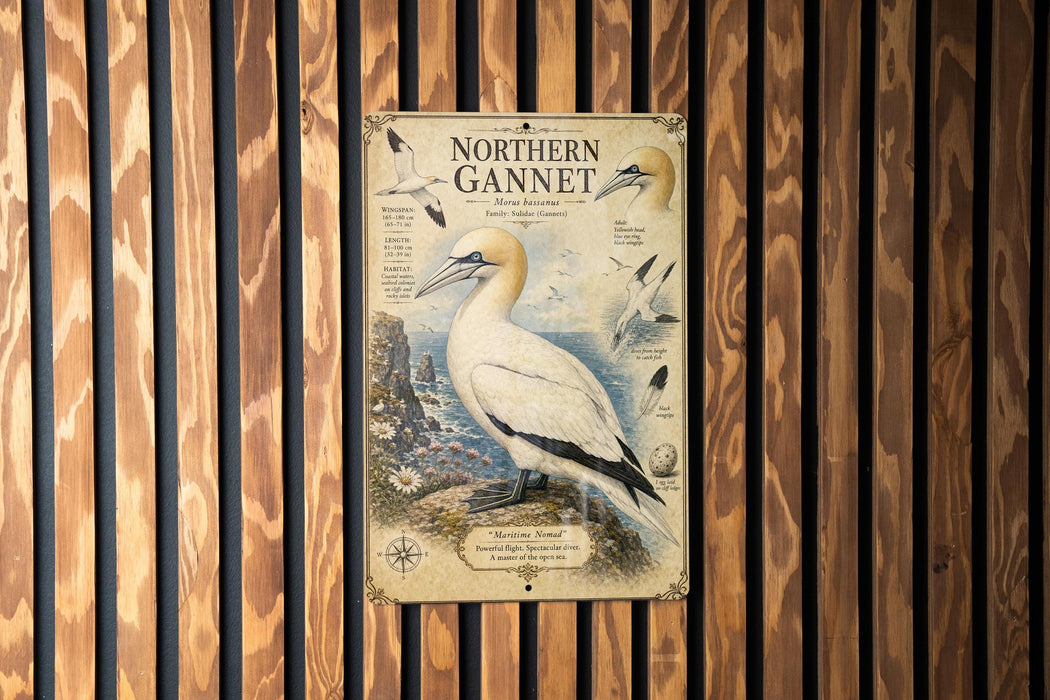 a vintage-style illustration of a seagull, with text providing information about the Northern Gannet, including its habitat, diet, and behavior.