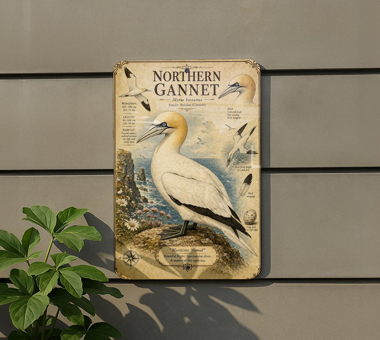 a sign for the Northern Gannet, a bird species, mounted on a wall.
