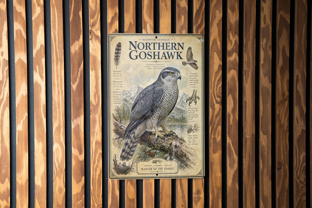 a poster of a Northern Goshawk, a bird of prey, mounted on a wooden wall.
