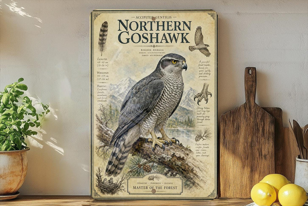 a framed illustration of a Northern Goshawk, a bird of prey, perched on a branch with mountains in the background. The frame has text and illustrations that provide information about the bird, including its size, habitat, and other details. The image is displayed on a shelf next to a wooden cutting board and a potted plant.