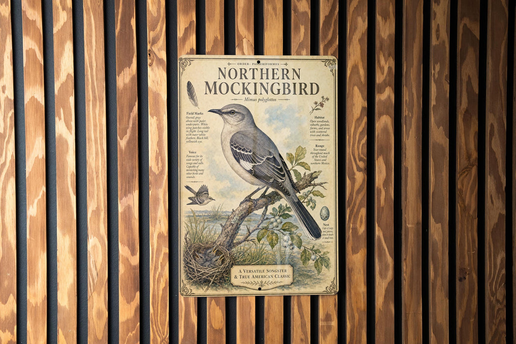 A vintage-style metal sign depicting a Northern Mockingbird, with detailed illustrations and text providing information about the bird.