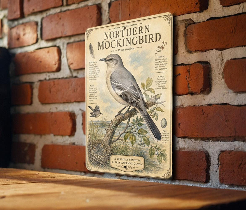 A vintage-style metal sign featuring illustrations and text related to the Northern Mockingbird, mounted on a brick wall.