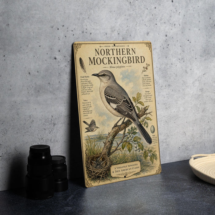 a vintage-style illustration of a Northern Mockingbird, accompanied by a detailed description of the bird's features and habitat.