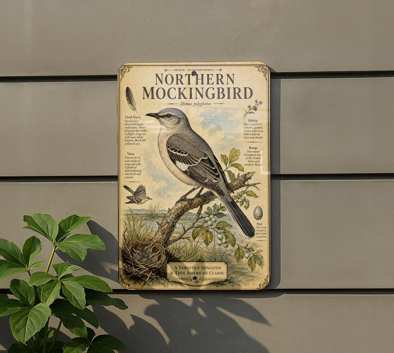 A vintage-style metal sign depicting a Northern Mockingbird, with a detailed illustration of the bird perched on a branch and surrounded by foliage.