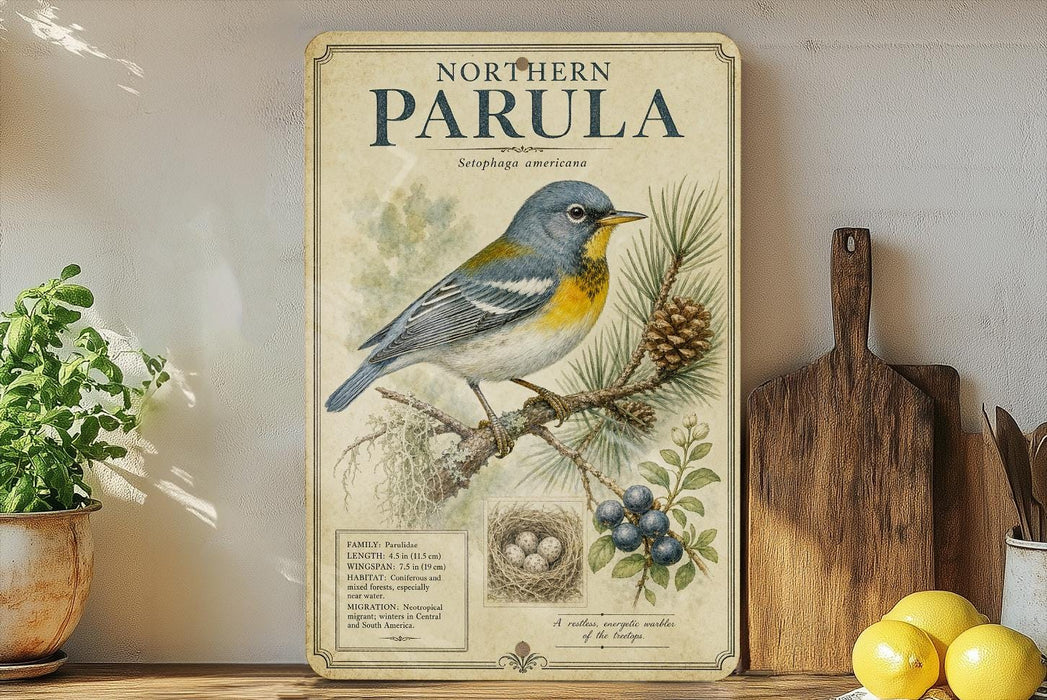 A vintage-style illustration of a blue and yellow bird perched on a branch, with text describing the bird as a Northern Parula, a species of bird native to North America.