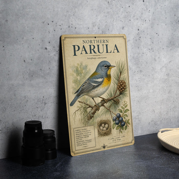 A vintage-style metal plaque with a bird illustration and text, placed on a gray surface next to some black camera lenses.