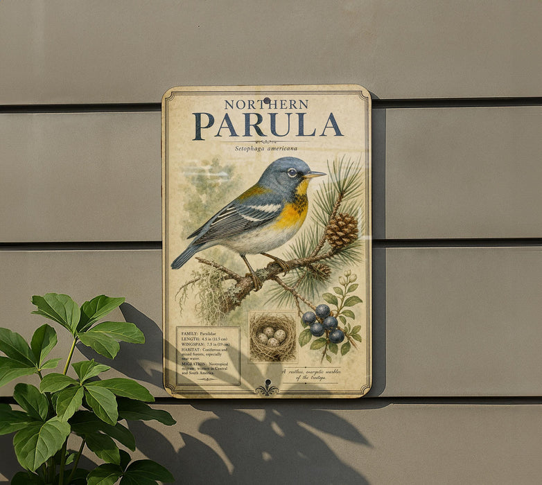 a vintage-style sign for the bird species Parula, which is a Northern Parula. The sign displays a detailed illustration of the bird perched on a branch with pine cones and berries. The sign is mounted on a wall, and there is a plant visible to the left of the sign.