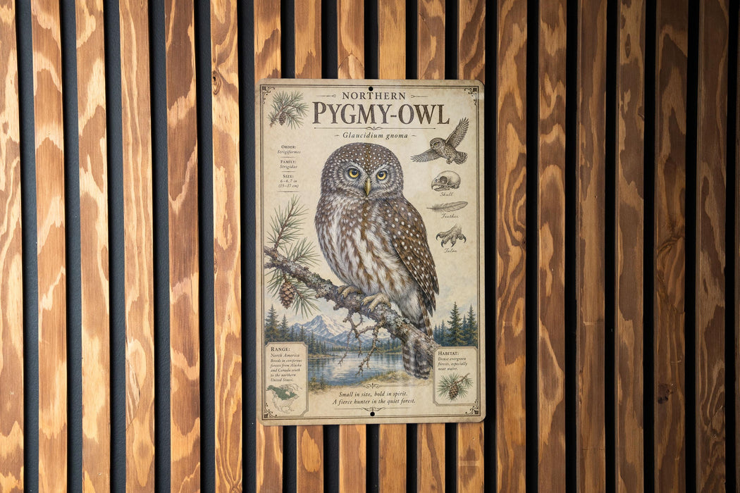 a poster of a Northern Pygmy Owl, which is a small owl species native to North America. The poster includes a detailed illustration of the owl and provides information about its habitat, diet, and behavior.