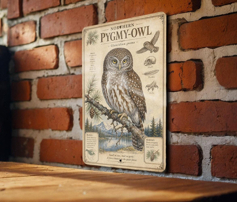 a vintage-style metal sign with illustrations and text about the Northern Pygmy Owl, which is a small owl species native to North America.