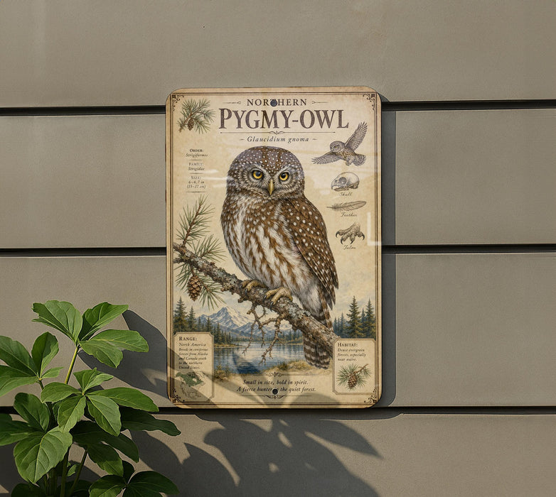 a vintage-style illustration of a Northern Pygmy Owl perched on a branch, with a detailed depiction of the owl's features and habitat.