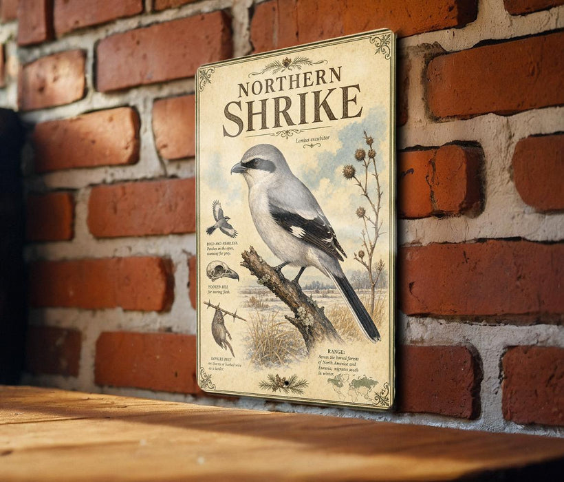A vintage-style metal sign with illustrations and text, mounted on a brick wall.