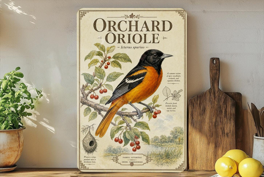 A vintage-style poster of an orange and black oriole bird is displayed on a shelf, accompanied by a wooden cutting board and a potted plant.