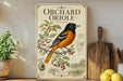 A vintage-style poster of an orange and black oriole bird is displayed on a shelf, accompanied by a wooden cutting board and a potted plant.