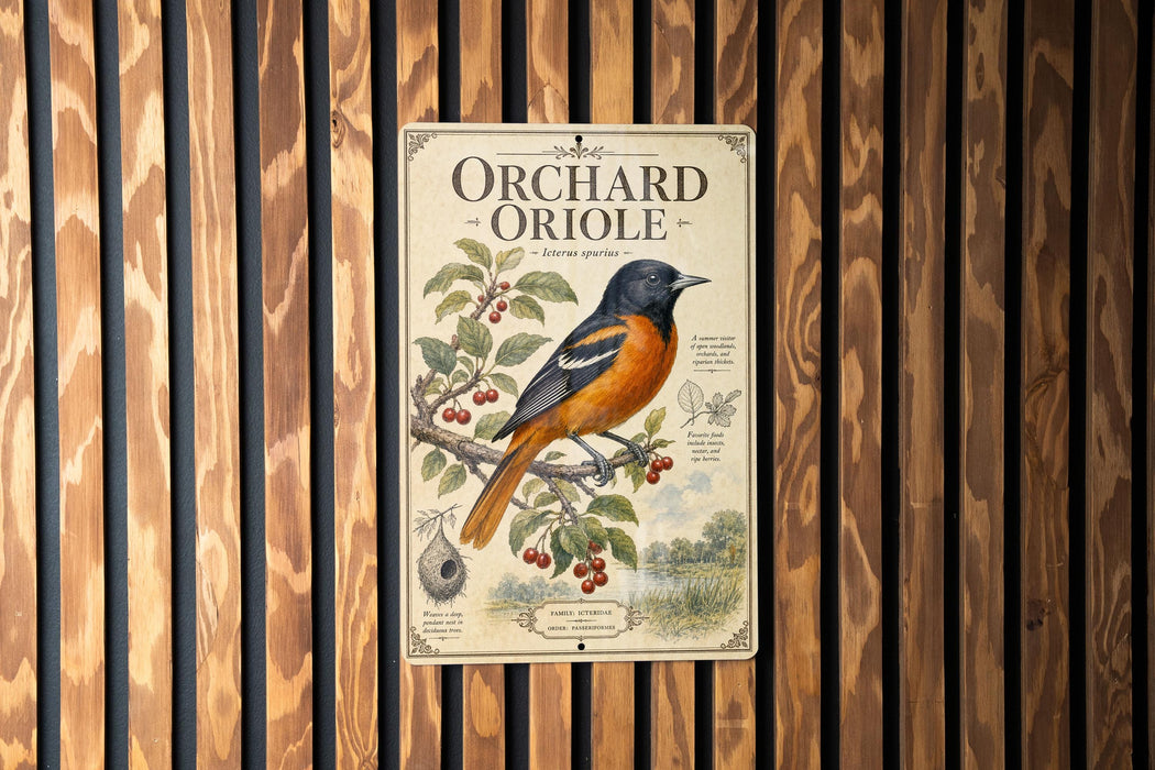 A vintage-style metal sign featuring an illustration of an oriole bird perched on a branch with berries, against a wooden background.