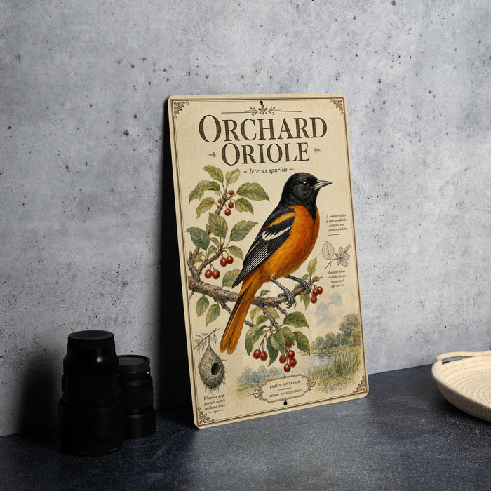 a vintage-style metal sign with an illustration of an orange and black oriole perched on a branch with berries, placed on a gray countertop next to some black camera lenses.