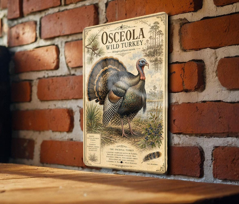 A metal sign with a turkey illustration and text is mounted on a brick wall.