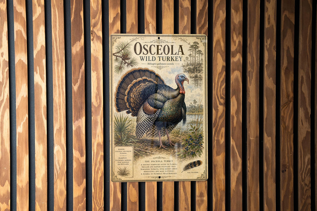 A poster of an ostrich, specifically a wild turkey, is displayed on a wooden wall.