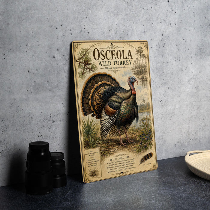A vintage-style poster or book cover featuring an illustration of a wild turkey, with text describing the species.