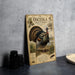 A vintage-style poster or book cover featuring an illustration of a wild turkey, with text describing the species.
