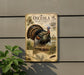 A vintage-style metal sign depicting a wild turkey, mounted on a wall next to a plant.