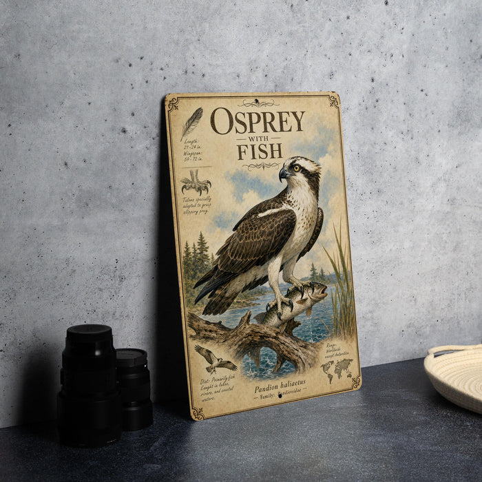 a vintage-style metal sign with an illustration of an osprey, a bird of prey, perched on a branch and holding a fish. The sign is placed on a gray countertop, with a stack of black camera lenses and a white dish visible in the background.
