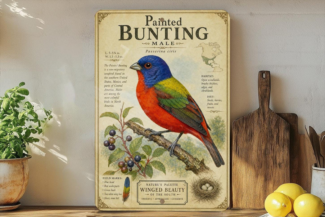 a vintage-style poster or sign with a colorful illustration of a male bird, likely a painted bunting, perched on a branch with berries and leaves. The poster includes text and illustrations related to the bird, such as its natural habitat, diet, and physical features. The poster is displayed on a wooden shelf, with a potted plant and a wooden cutting board visible in the background.