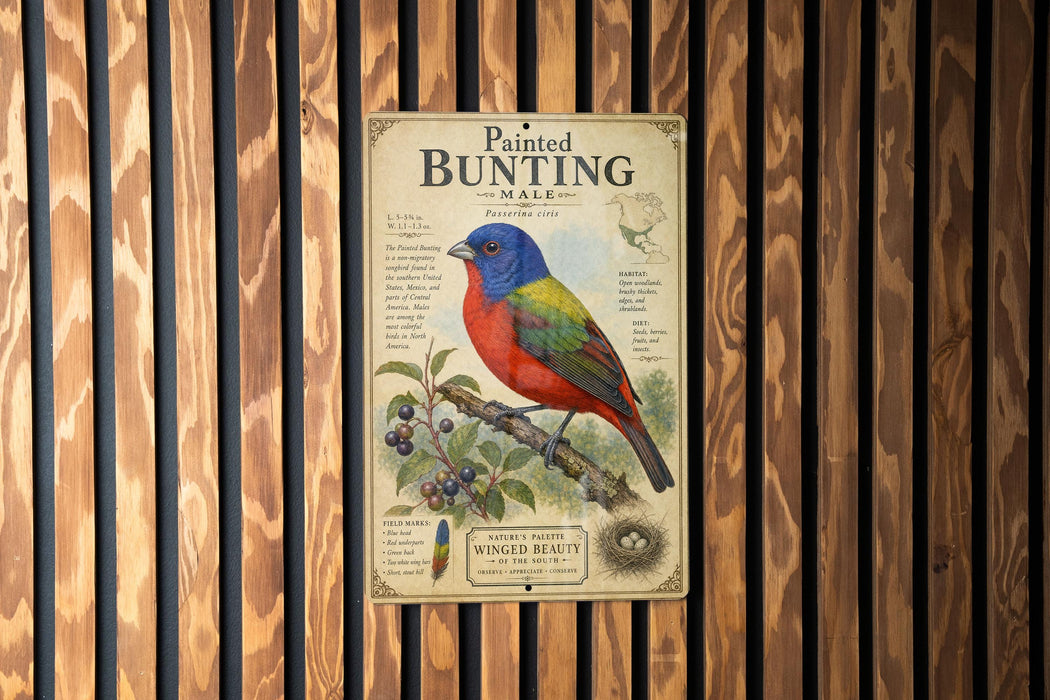 a colorful illustration of a bird, specifically a male painted bunting, perched on a branch with berries.