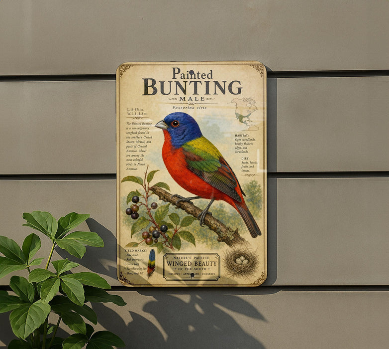 a metal sign with a colorful illustration of a painted bunting male bird, mounted on a wall next to a plant.